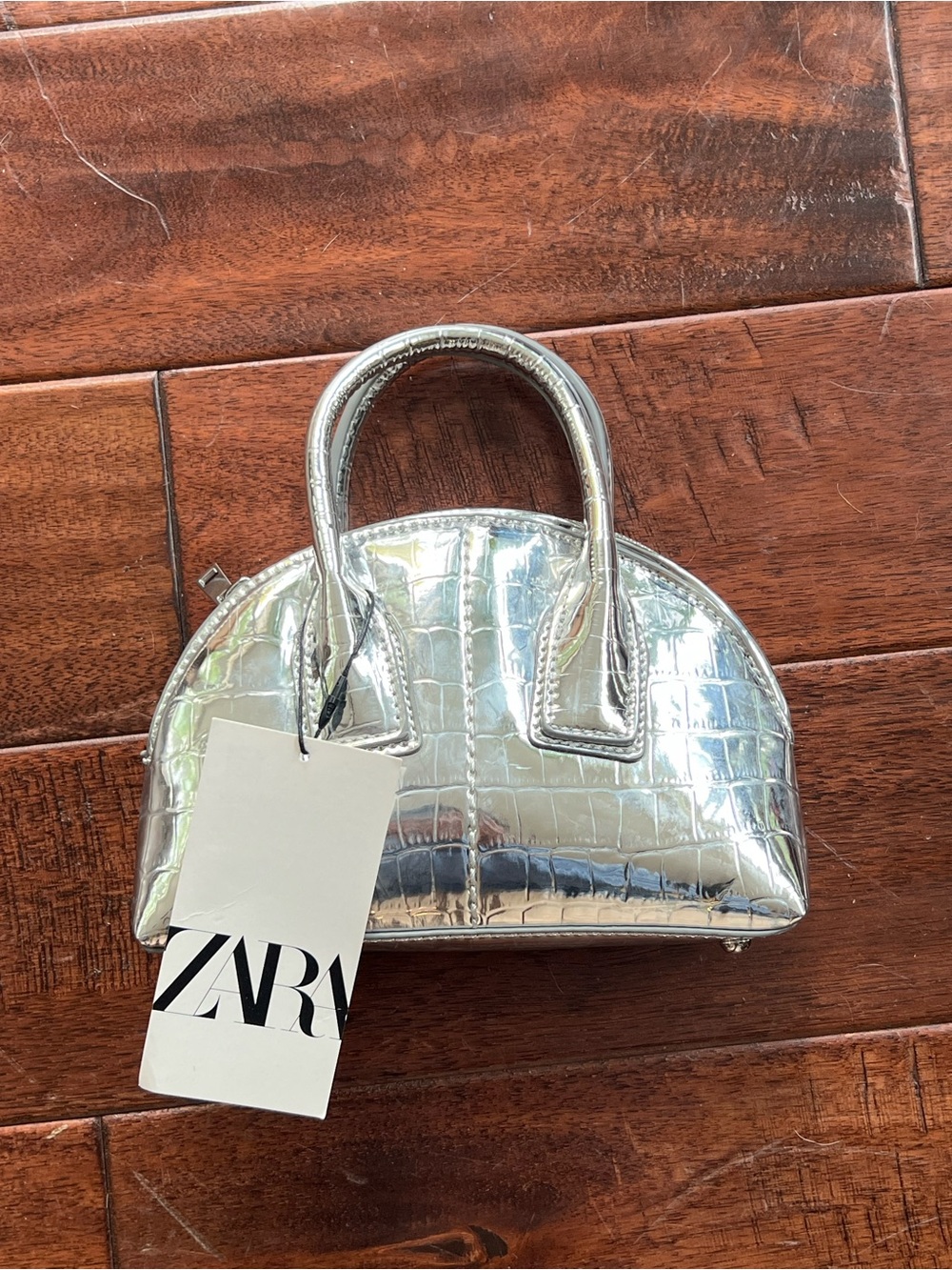 Zara Silver Croc-Embossed Mini Dome Tote